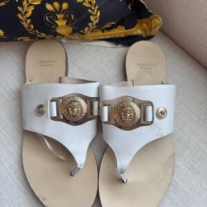 Versace White Leather Medusa Thong Sandals with Gold Hardware